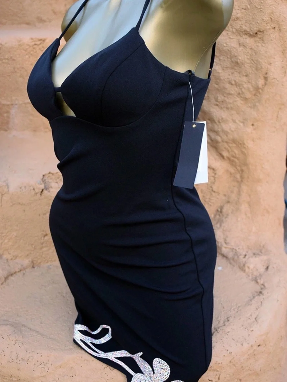 NWT City Studio Black RhinstonSpaghetti-Strap Bodycon Dress with Embellished Hem